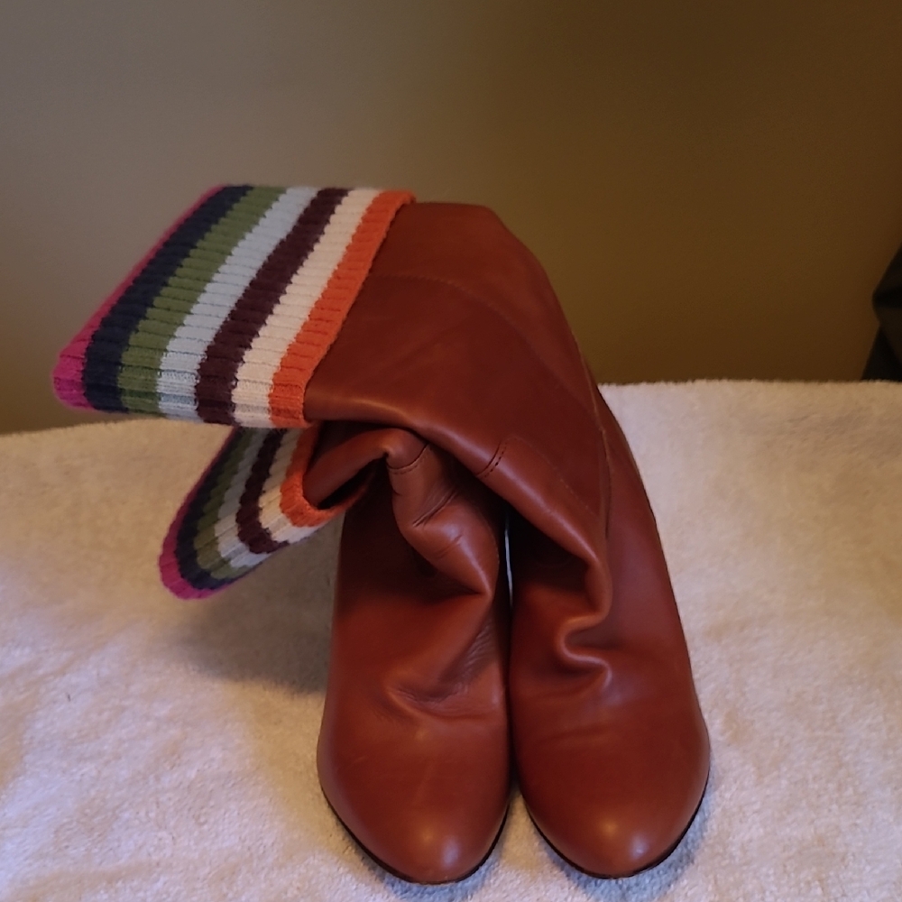Brown Leather Coach Boots with Striped Knit Cuff